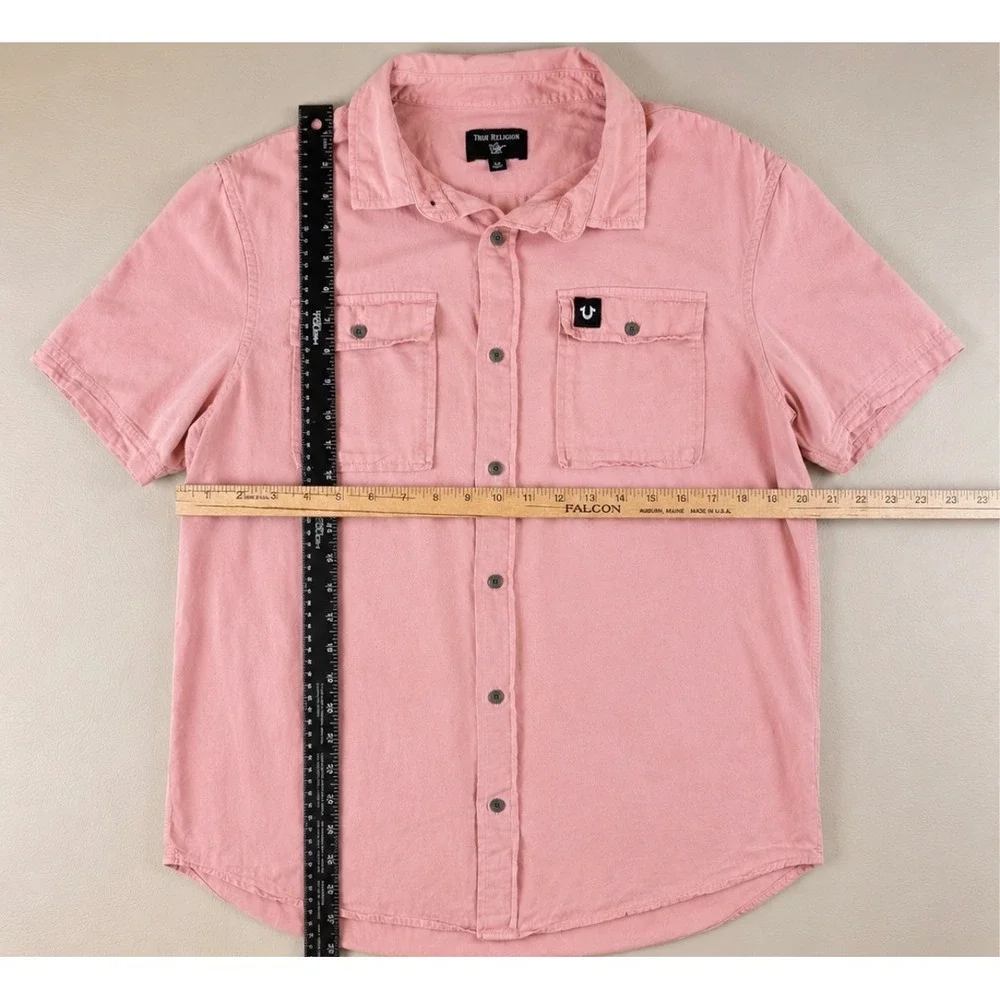 Streetwear Short Sleeve Button Down Shirt Pink Large True Religion